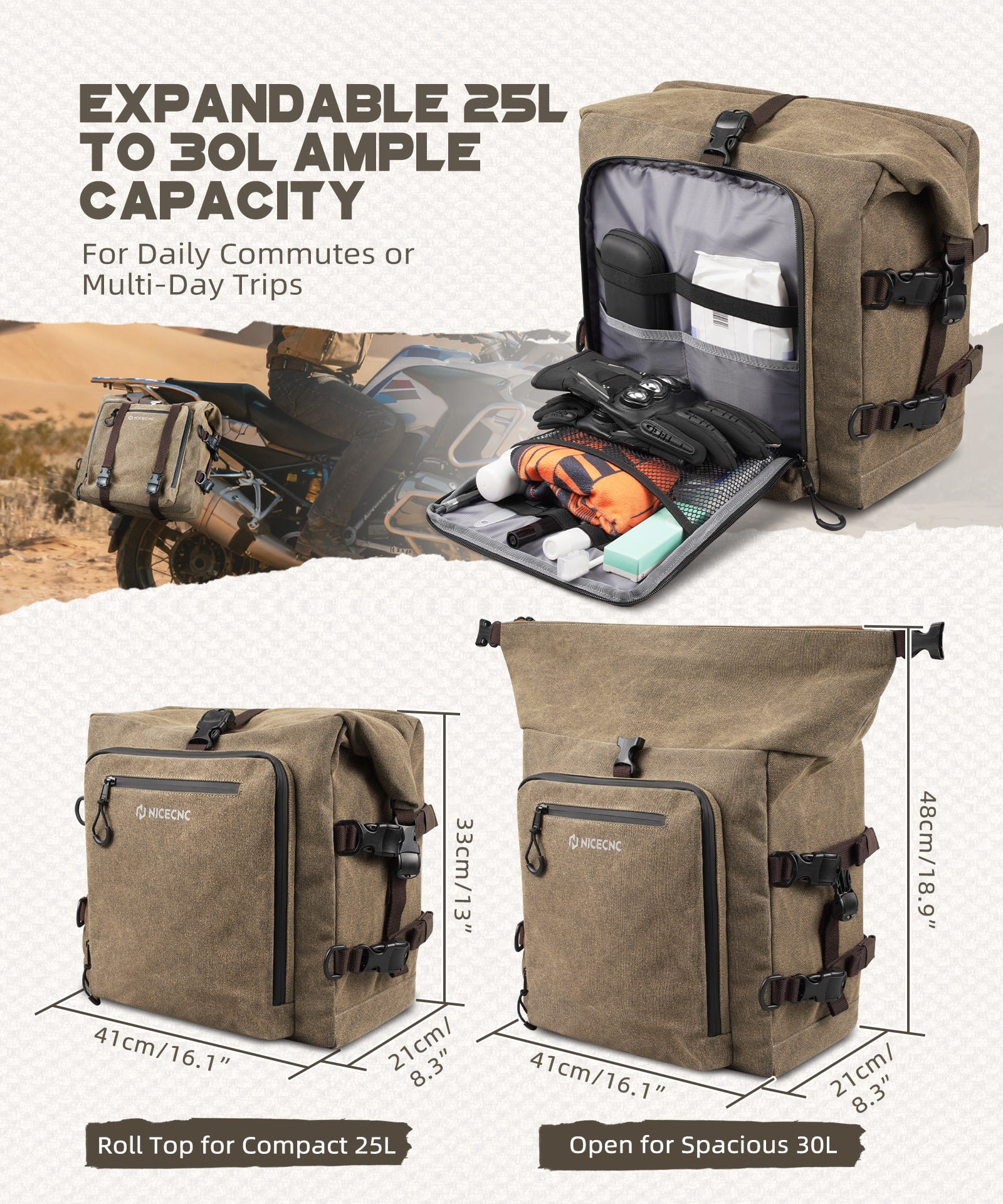 Cotton Canvas 30L Motorcycle Rear Luggage Pannier Rack Saddlebags Waterproof