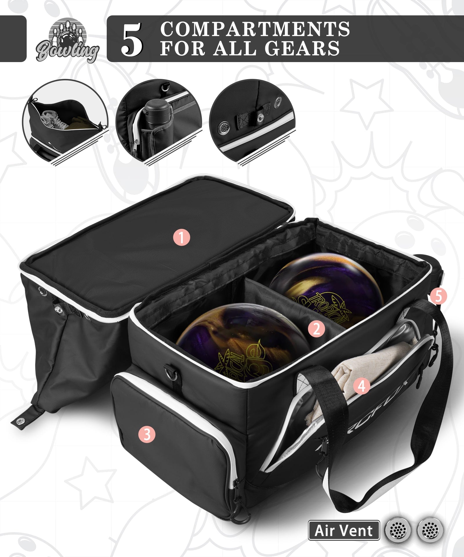 ARCFOX Bowling Bag For 2 Balls OXford Cloth Large Capacity