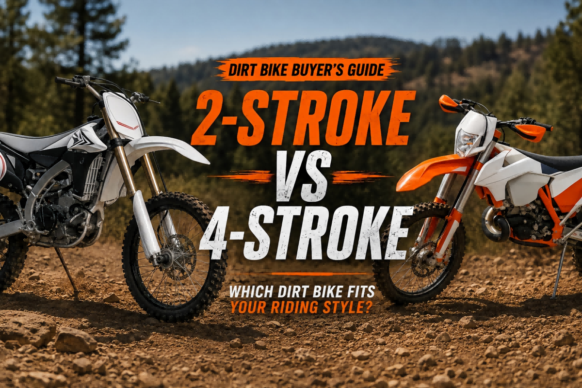 2-stroke and 4-stroke dirt bikes facing each other on paved and off-road terrain