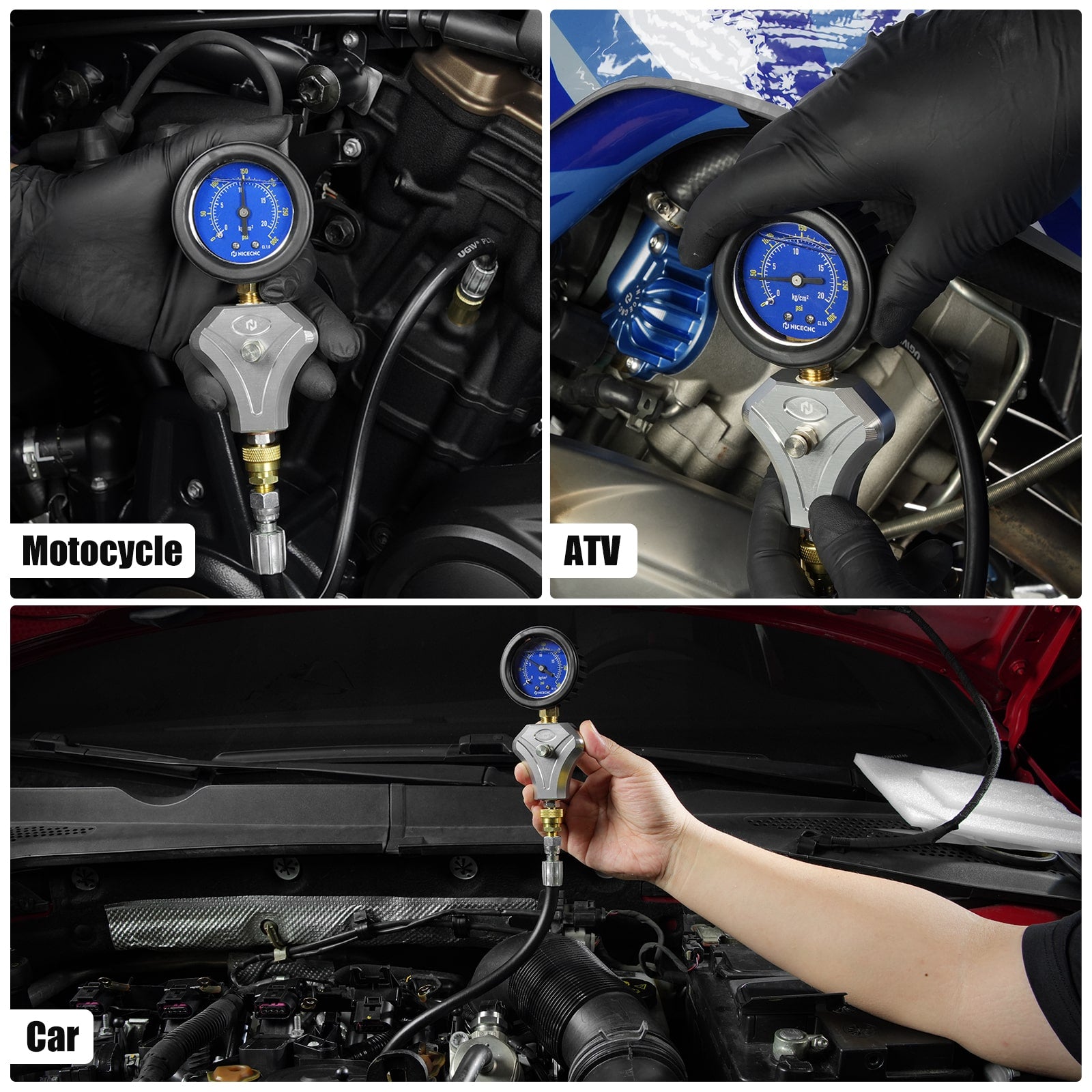 Engine Compression Tester with 10 12 14 mm Adapters For Motorcycle ATV