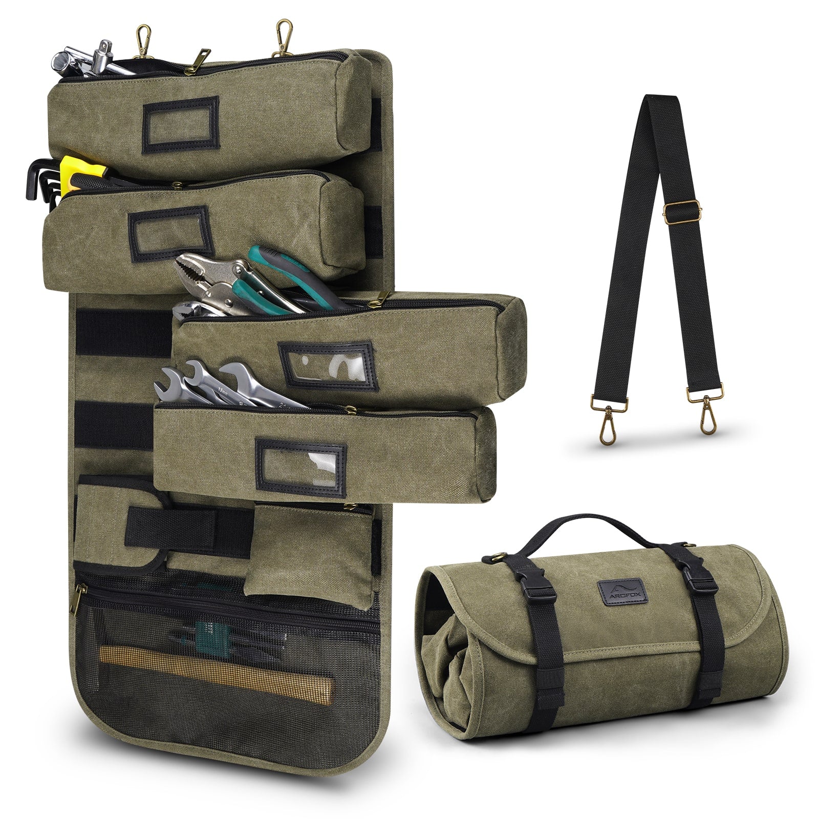 ARCFOX Vintage Canvas Roll Up Tool Bag Organizer w/ Removable Large Pouches For Mechanic Electrician