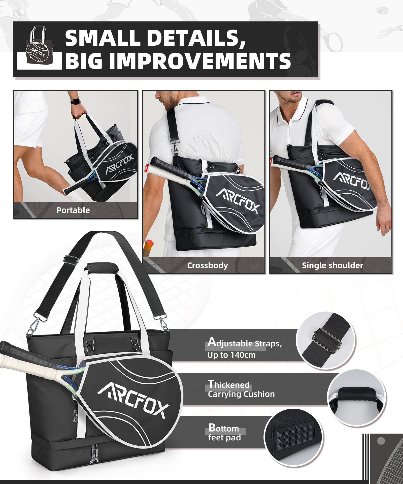 ARCFOX Tennis Tote Bag Tennis Racket Shoulder Bag Multifunction Large Capacity