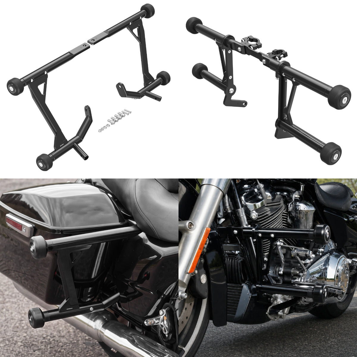Front Engine Guard + Rear Saddlebag Crash Bar For Harley Road King Street Glide