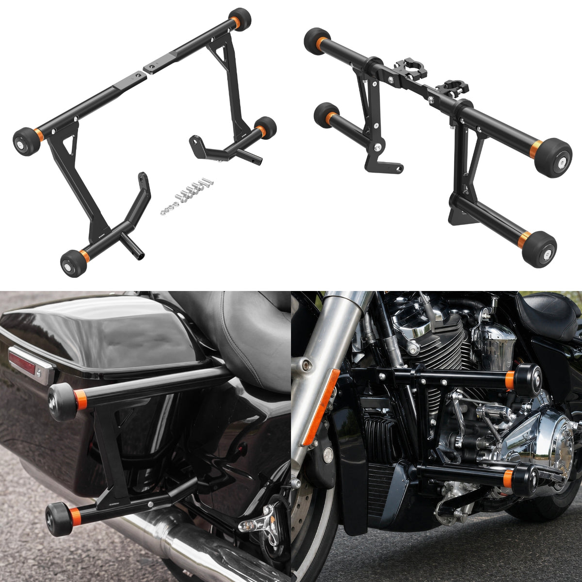 Front Engine Guard + Rear Saddlebag Crash Bar For Harley Road King Street Glide