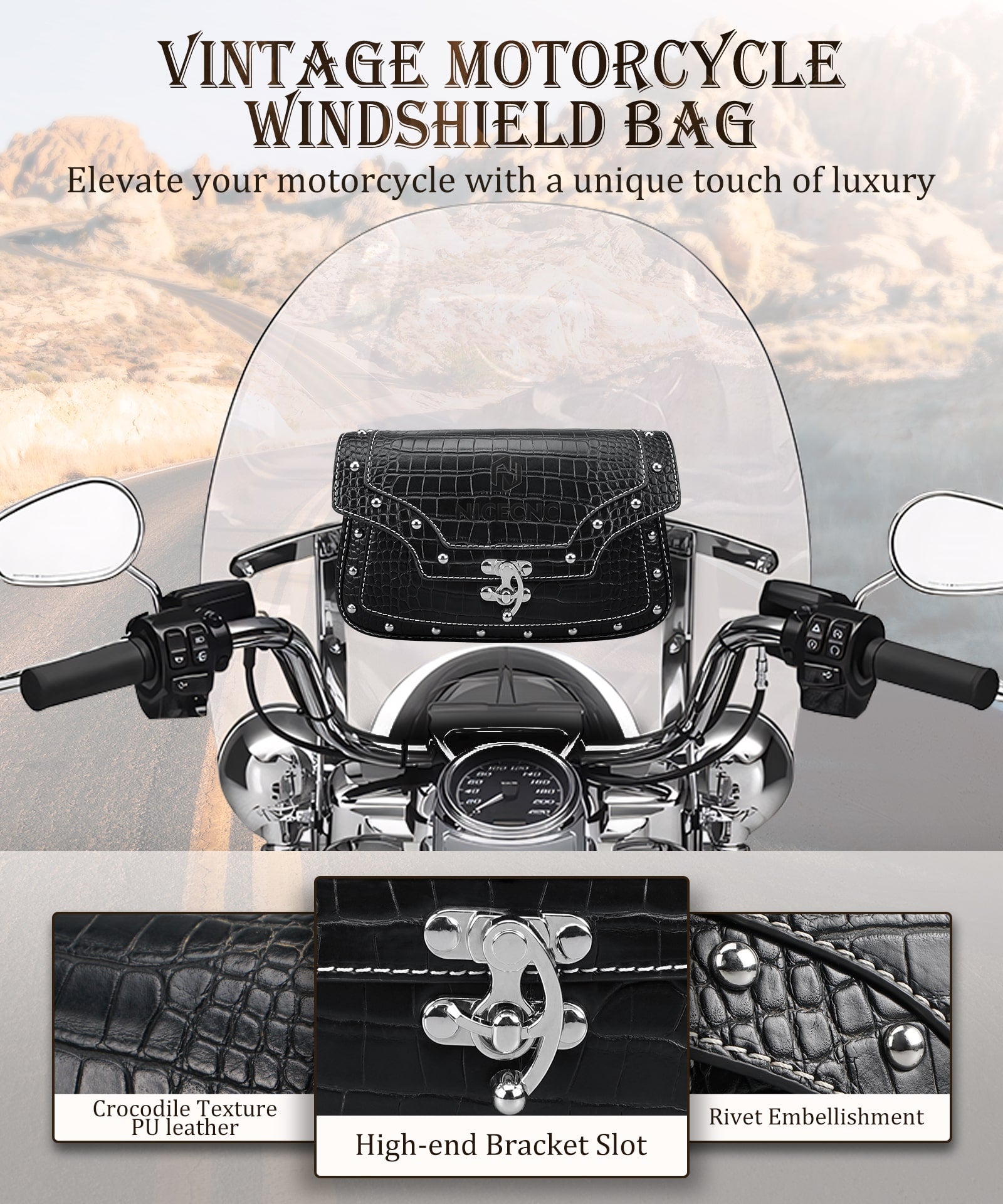 Motorcycle Windshield Bag Vintage Crocodile Texture PU Leather For Harley Davidson Road King 1995-2024 Softail