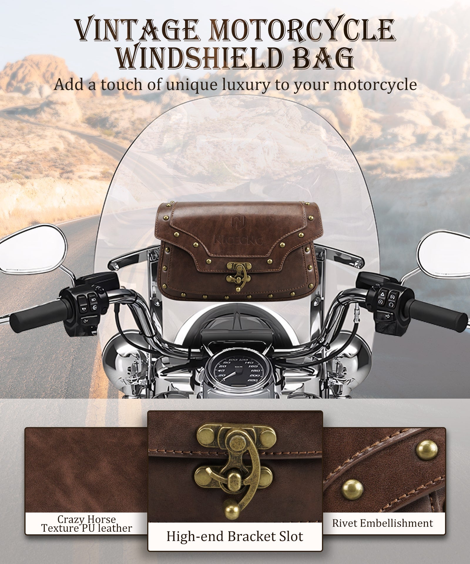 Motorcycle Windshield Bag Vintage Crocodile Texture PU Leather For Harley Davidson Road King 1995-2024 Softail