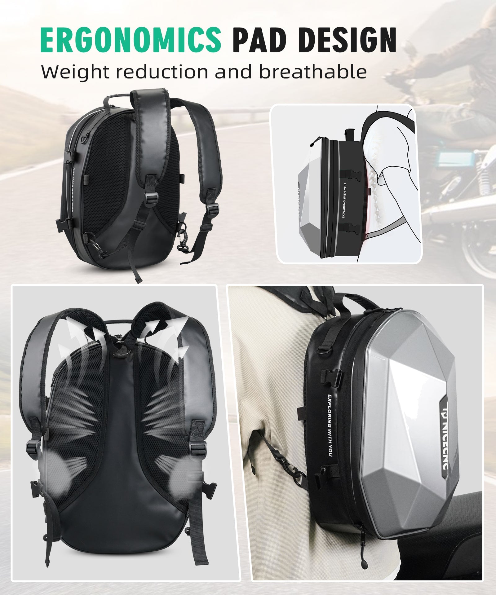 Motorcycle Backpack Hardshell 38L Expandable Tail & Helmet Bag