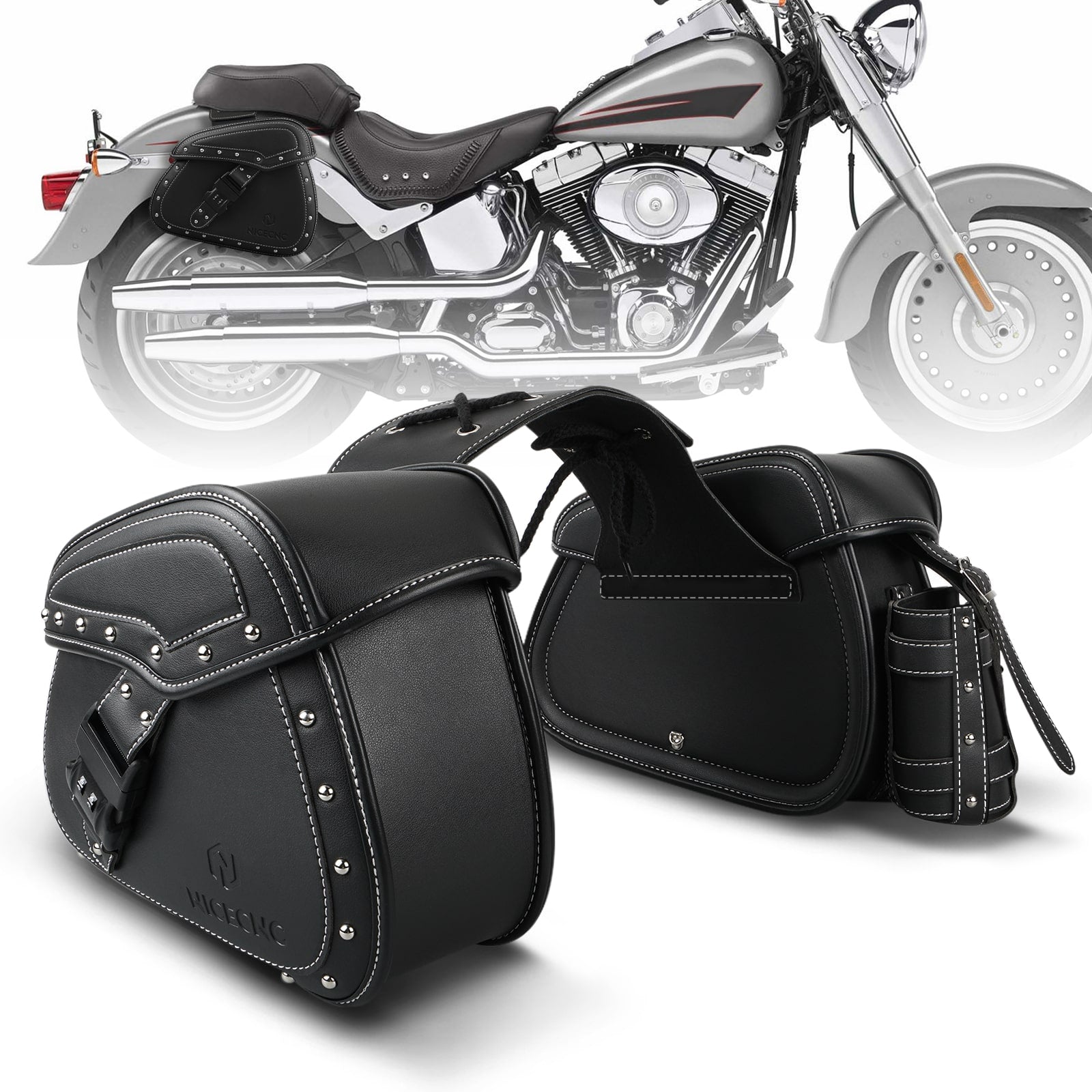 PU leather Motorcycle Saddle Bags with Cup Holder & Lock for Universal Motorcycle